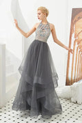 Halter Beadings Aline Tulle Layers Prom Dress Sleeveless Evening Dress by misshow.com