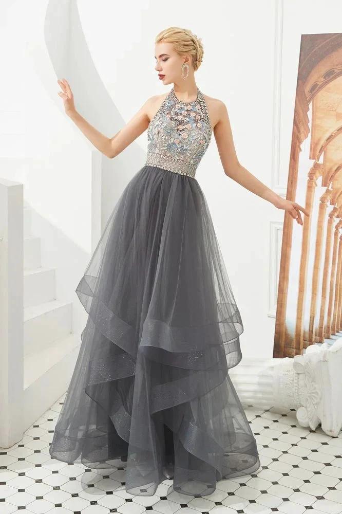 Halter Beadings Aline Tulle Layers Prom Dress Sleeveless Evening Dress by misshow.com