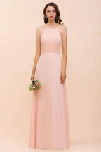 Halter Bridesmaid Dress Pink Floor Length Formal Event Dress by misshow.com