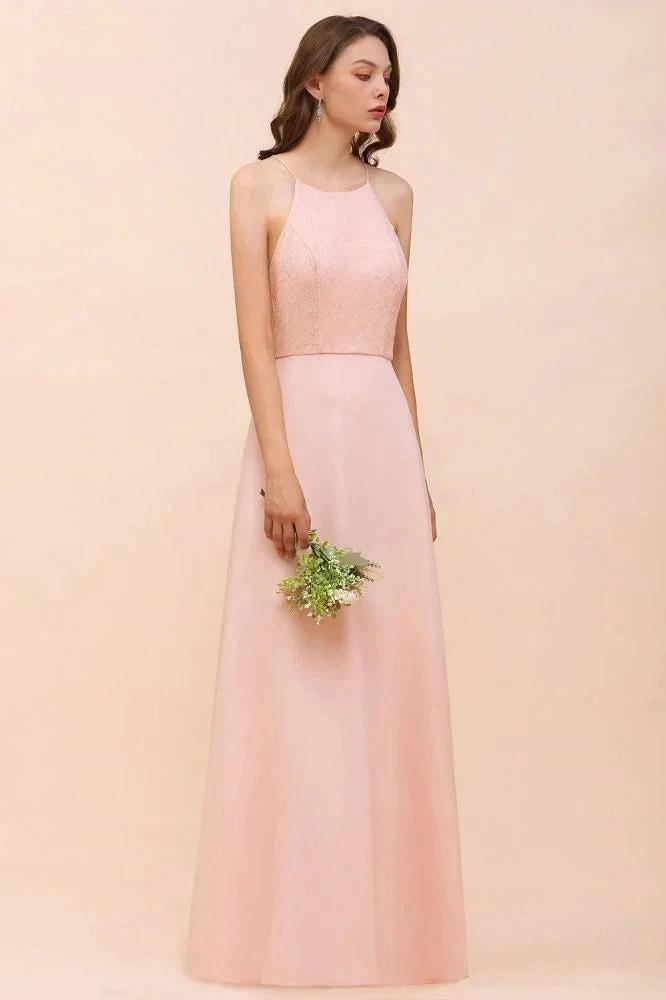 Halter Bridesmaid Dress Pink Floor Length Formal Event Dress by misshow.com