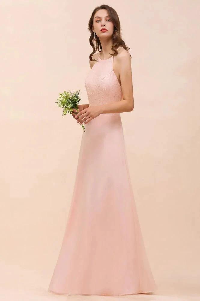 Halter Bridesmaid Dress Pink Floor Length Formal Event Dress by misshow.com