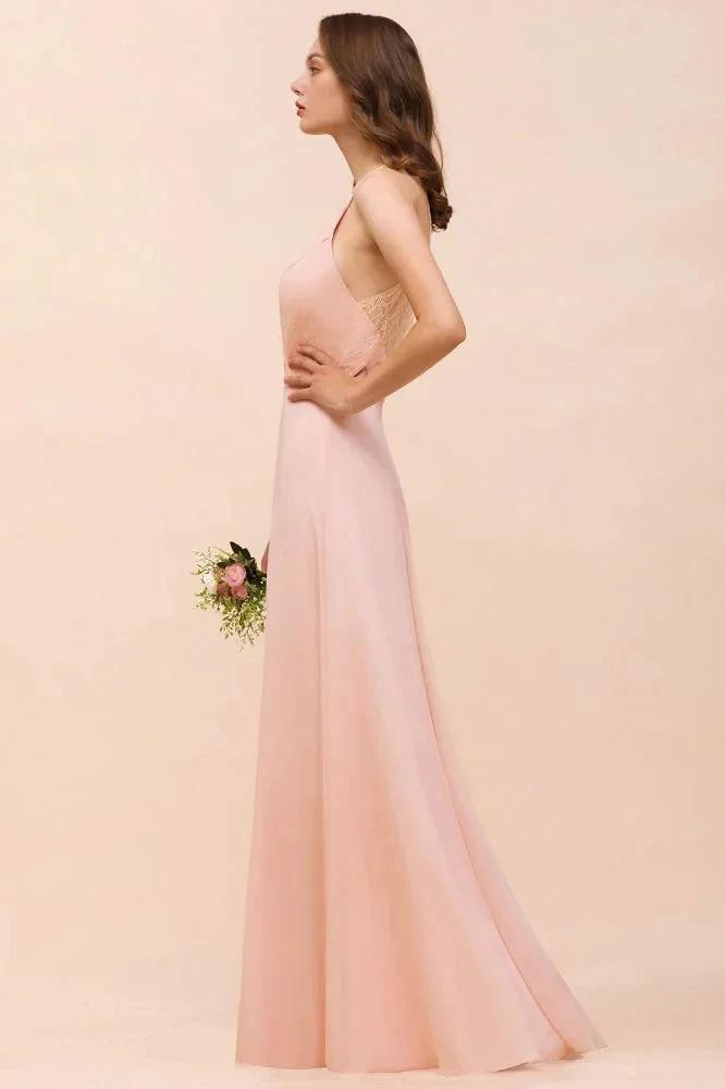 Halter Bridesmaid Dress Pink Floor Length Formal Event Dress by misshow.com