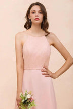 Halter Bridesmaid Dress Pink Floor Length Formal Event Dress by misshow.com