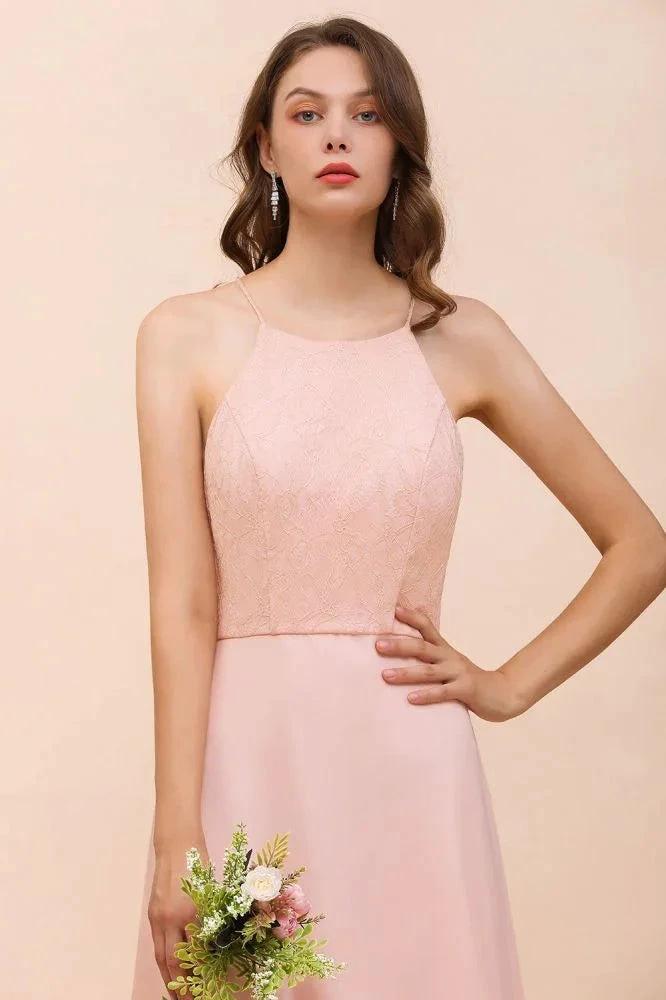 Halter Bridesmaid Dress Pink Floor Length Formal Event Dress by misshow.com