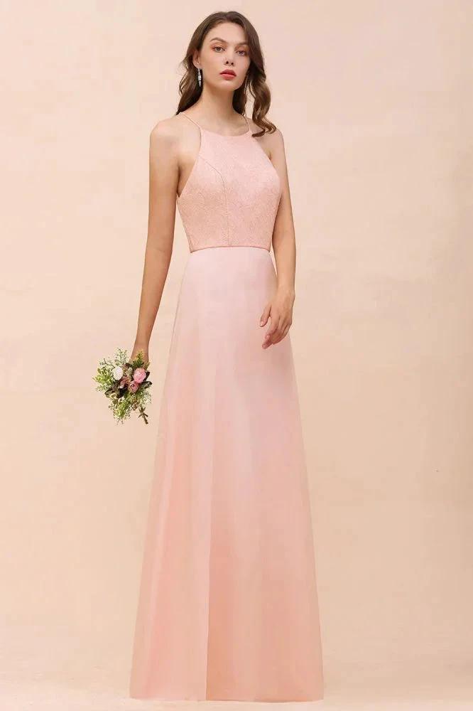 Halter Bridesmaid Dress Pink Floor Length Formal Event Dress by misshow.com
