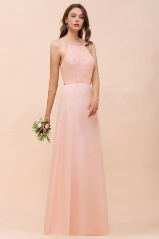 Halter Bridesmaid Dress Pink Floor Length Formal Event Dress