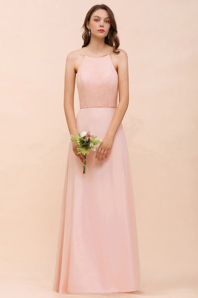 Halter Bridesmaid Dress Pink Floor Length Formal Event Dress Hover Image