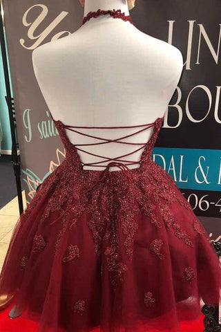 Halter Burgundy Lace A-Line Cute Backless Homecoming Dress PD373