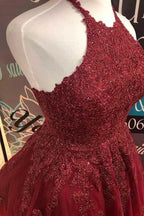 Halter Burgundy Lace A-Line Cute Backless Homecoming Dress PD373 by pgmdress