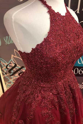 Halter Burgundy Lace A-Line Cute Backless Homecoming Dress PD373