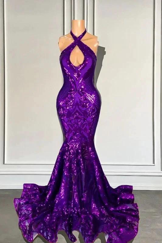 Halter Cross Shiny Sequins Purple Mermaid Prom Dresses by misshow.com