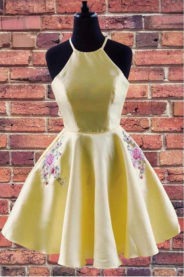 Halter Embroidered Yellow Satin Homecoming Dress with Pockets PD324 by pgmdress