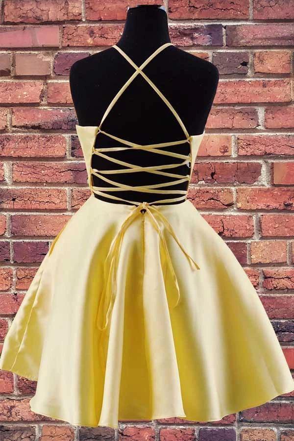 Halter Embroidered Yellow Satin Homecoming Dress with Pockets PD324 by pgmdress