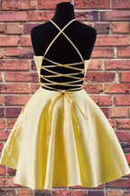 Halter Embroidered Yellow Satin Homecoming Dress with Pockets PD324 by pgmdress