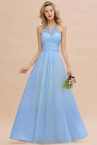 Halter Floral lace aline Chiffon Bridesmaid Dress Sleeveless Ruffle Wedding Guest Dress