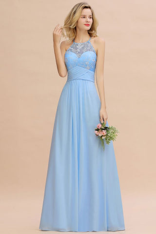 Halter Floral lace aline Chiffon Bridesmaid Dress Sleeveless Ruffle Wedding Guest Dress