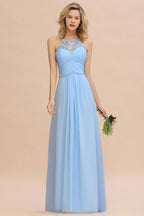 Halter Floral lace aline Chiffon Bridesmaid Dress Sleeveless Ruffle Wedding Guest Dress