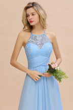 Halter Floral lace aline Chiffon Bridesmaid Dress Sleeveless Ruffle Wedding Guest Dress