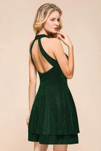 Abito da sera verde scuro in seta luminosa, senza maniche, con spalline, lunghezza al ginocchio, per festa di fine anno