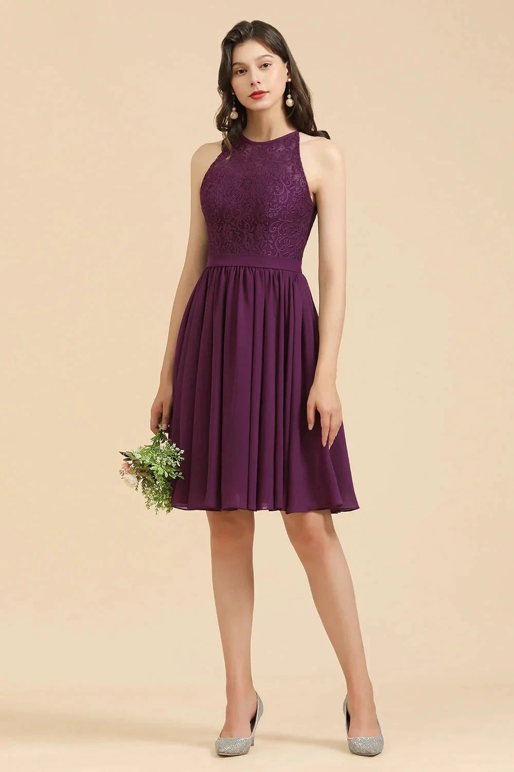 Halter Lace Bridesmaid Dress Chiffon Sleeveless Short Dress by misshow.com