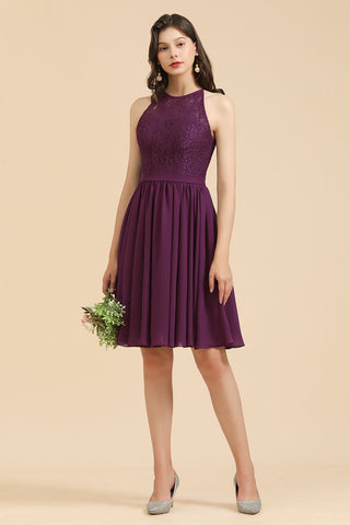 Vestido de dama de honor de encaje con cuello halter, vestido corto sin mangas de gasa 