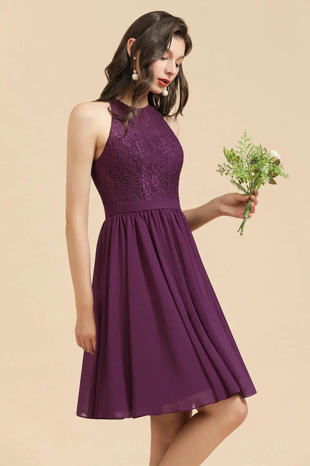 Halter Lace Bridesmaid Dress Chiffon Sleeveless Short Dress by misshow.com