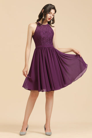 Vestido de dama de honor de encaje con cuello halter, vestido corto sin mangas de gasa 