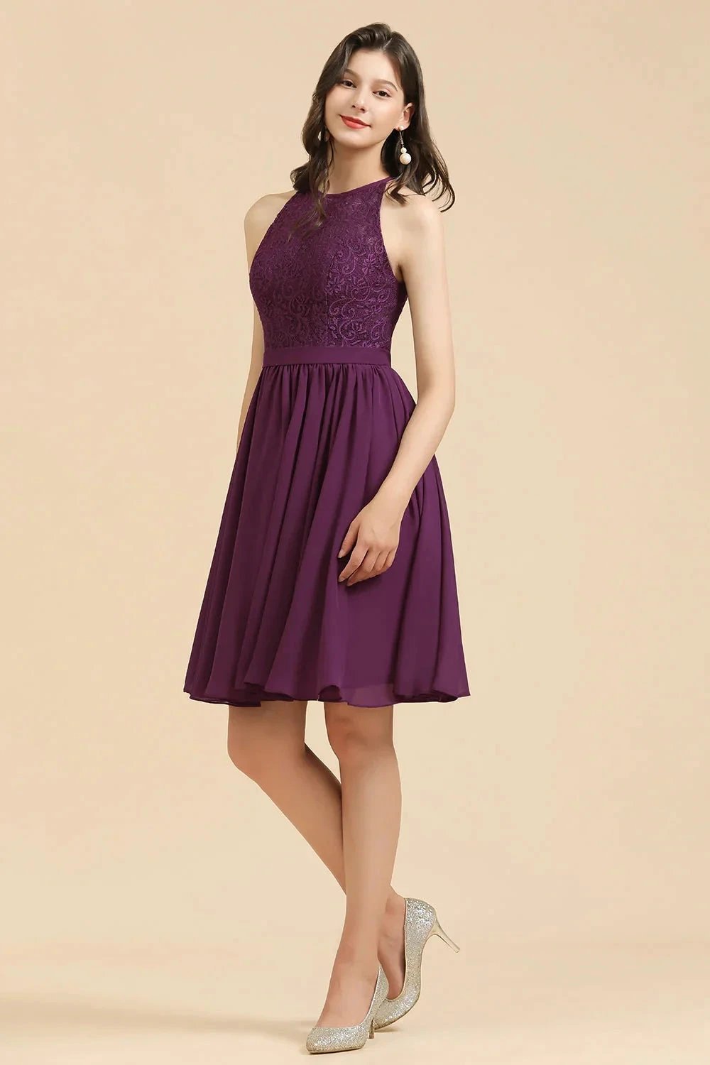 Halter Lace Bridesmaid Dress Chiffon Sleeveless Short Dress by misshow.com