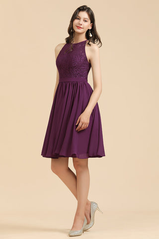 Vestido de dama de honor de encaje con cuello halter, vestido corto sin mangas de gasa 