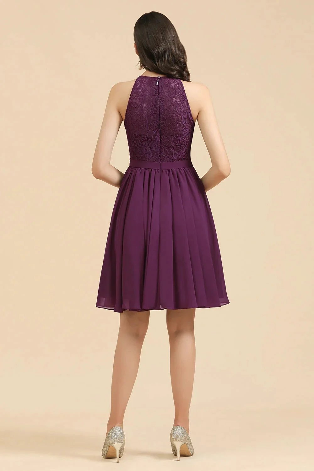 Halter Lace Bridesmaid Dress Chiffon Sleeveless Short Dress by misshow.com