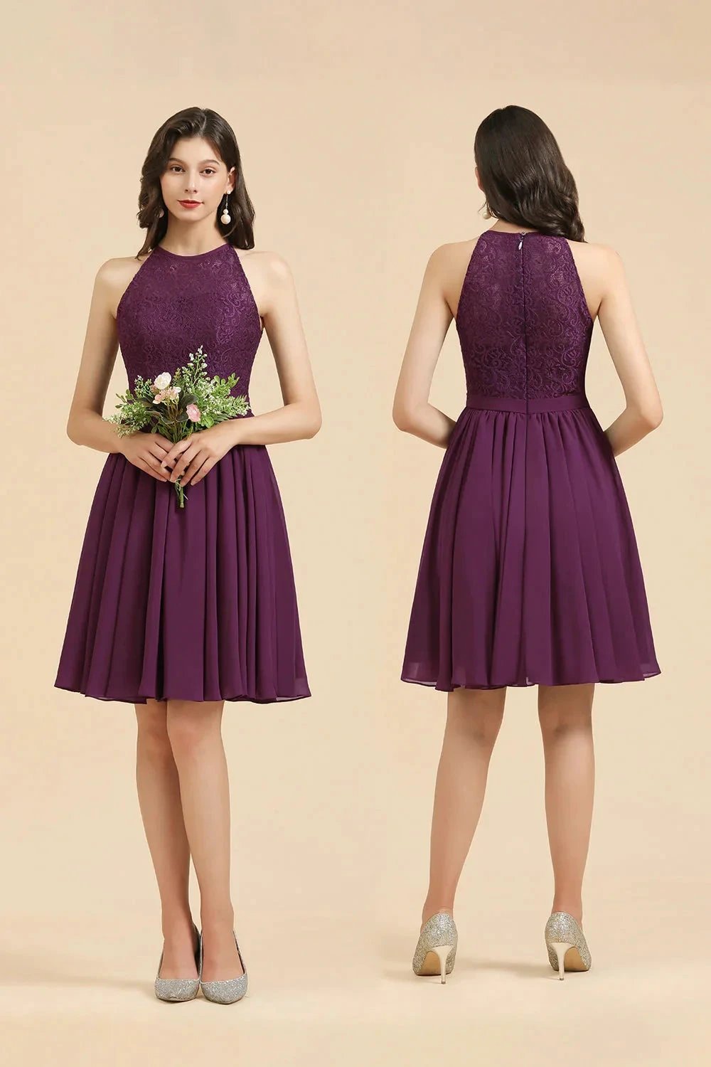 Halter Lace Bridesmaid Dress Chiffon Sleeveless Short Dress by misshow.com