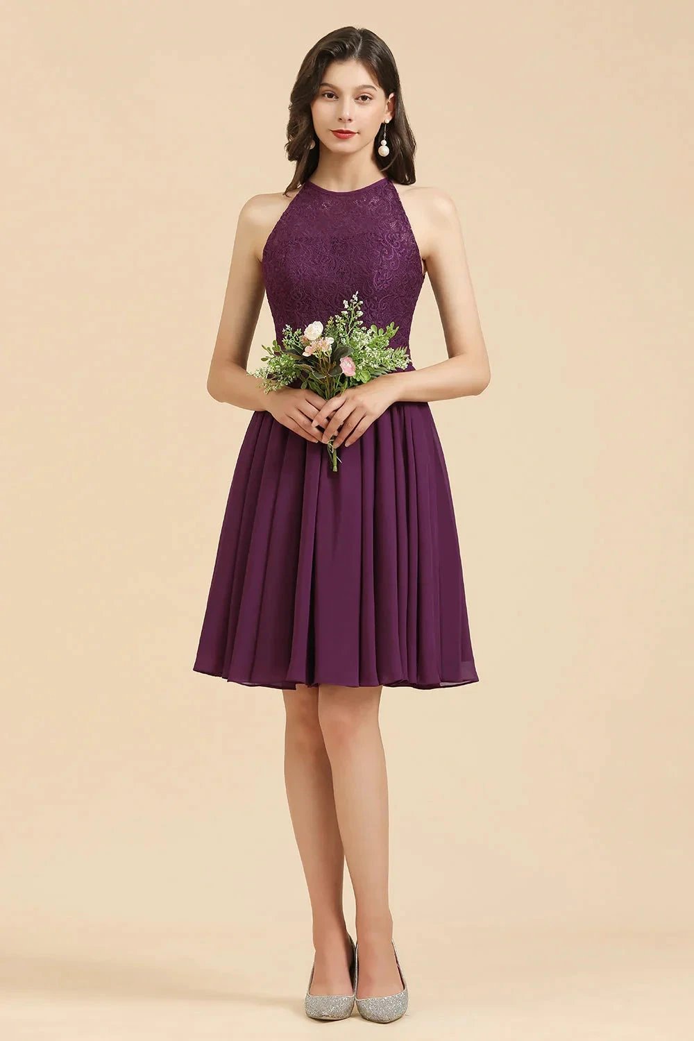 Halter Lace Bridesmaid Dress Chiffon Sleeveless Short Dress by misshow.com
