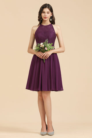 Vestido de dama de honor de encaje con cuello halter, vestido corto sin mangas de gasa 