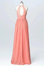 Halter Lace Long Chiffon Peach Bridesmaid Dresses BD060 by pgmdress