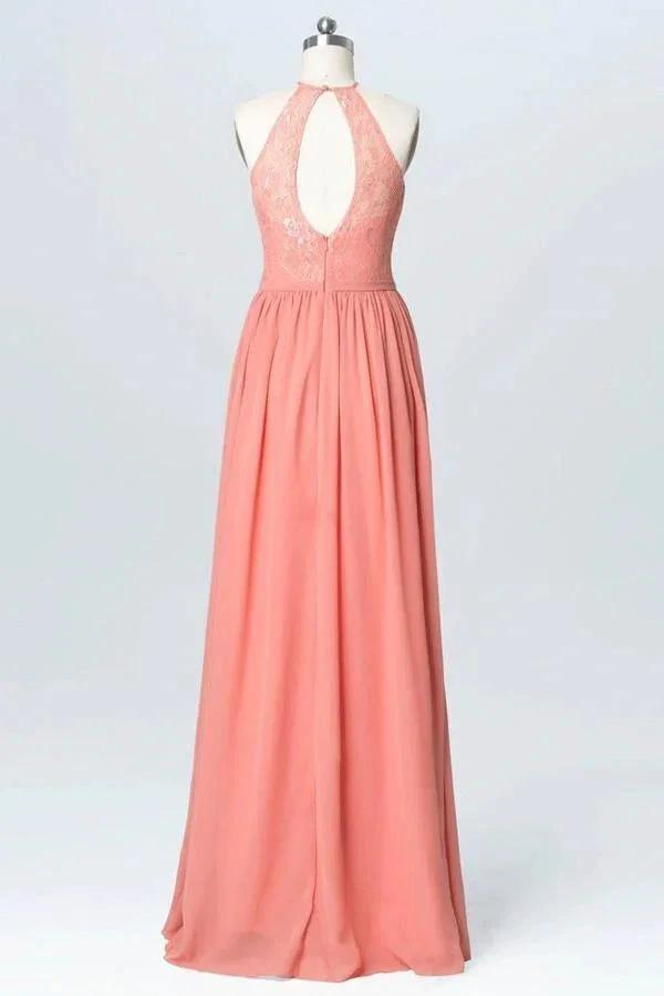 Halter Lace Long Chiffon Peach Bridesmaid Dresses BD060 by pgmdress