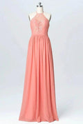 Halter Lace Long Chiffon Peach Bridesmaid Dresses BD060 by pgmdress