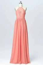 Halter Lace Long Chiffon Peach Bridesmaid Dresses BD060 by pgmdress