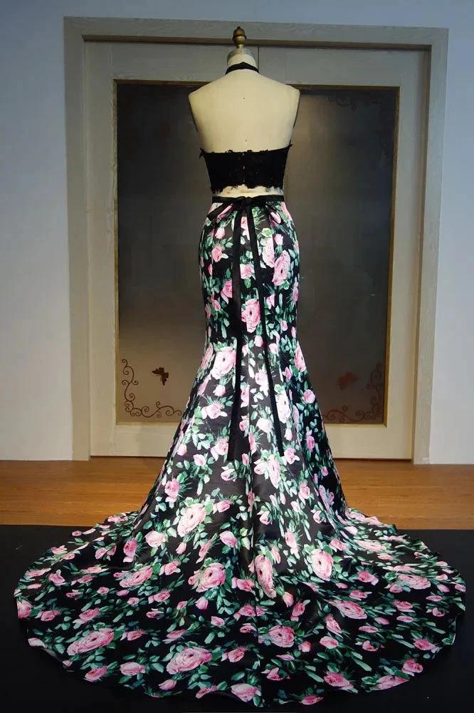 Halter Long Mermaid Two-piece Lace Top Print Flowers Prom Dresses by misshow.com