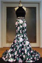 Halter Long Mermaid Two-piece Lace Top Print Flowers Prom Dresses by misshow.com