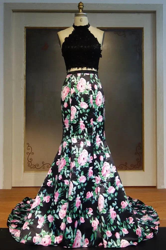 Halter Long Mermaid Two-piece Lace Top Print Flowers Prom Dresses by misshow.com