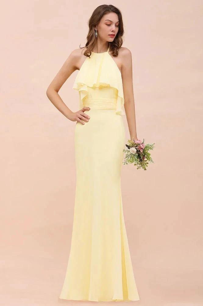 Halter Mermaid Chiffon Girls Bridesmaid Dress Yellow Floor length Beach Wedding Dress by misshow.com