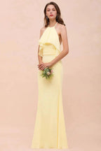 Halter Mermaid Chiffon Girls Bridesmaid Dress Yellow Floor length Beach Wedding Dress by misshow.com