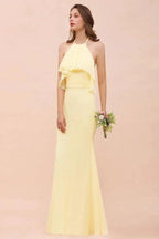 Halter Mermaid Chiffon Girls Bridesmaid Dress Yellow Floor length Beach Wedding Dress by misshow.com