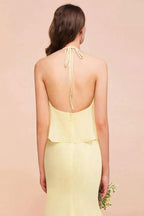 Halter Mermaid Chiffon Girls Bridesmaid Dress Yellow Floor length Beach Wedding Dress by misshow.com