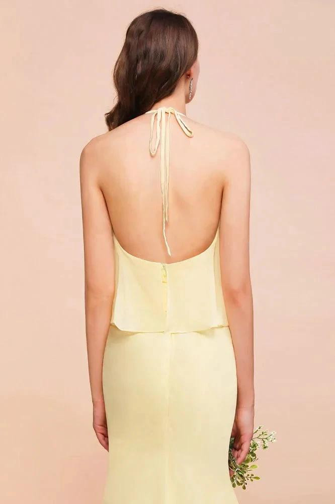 Halter Mermaid Chiffon Girls Bridesmaid Dress Yellow Floor length Beach Wedding Dress by misshow.com