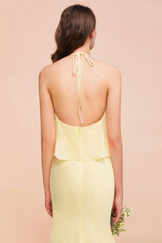 Halter Mermaid Chiffon Girls Bridesmaid Dress Yellow Floor length Beach Wedding Dress