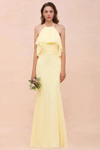 Halter Mermaid Chiffon Girls Bridesmaid Dress Yellow Floor length Beach Wedding Dress by misshow.com