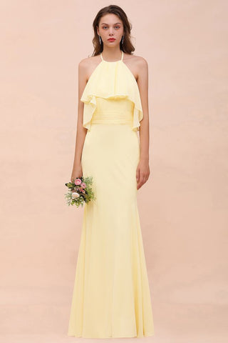 Halter Mermaid Chiffon Girls Bridesmaid Dress Yellow Floor length Beach Wedding Dress