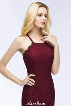 Halter Mermaid Evening Dress Floor Length Lace Burgundy Bridesmaid Dresses by misshow.com