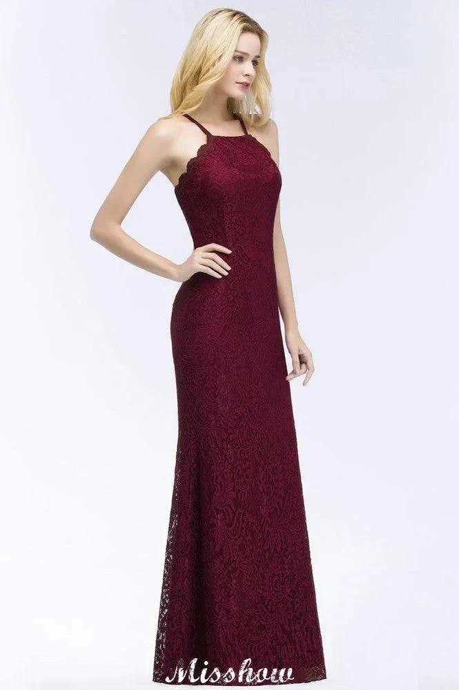Halter Mermaid Evening Dress Floor Length Lace Burgundy Bridesmaid Dresses by misshow.com